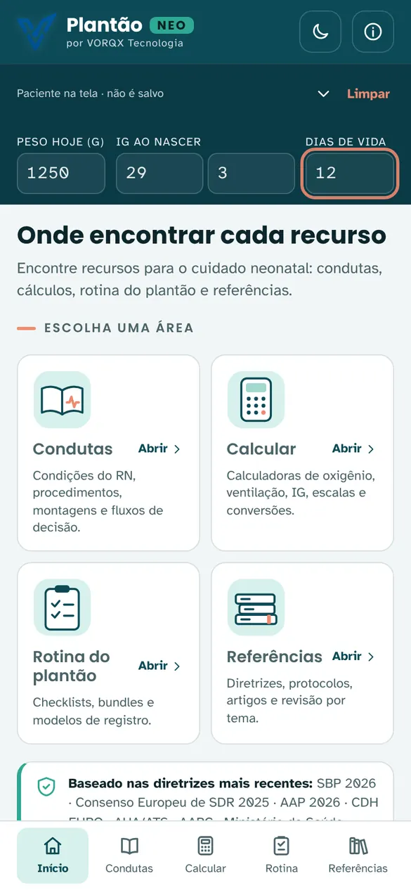 Tela inicial do Plantão Neo